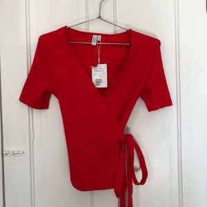 Red Deep V-neck Wrap Top